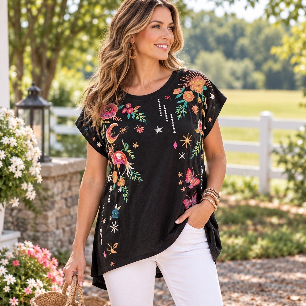 Johnny Was Los Angeles Embroidered Black Cotton T-Shirt S Boho Floral Flamingo